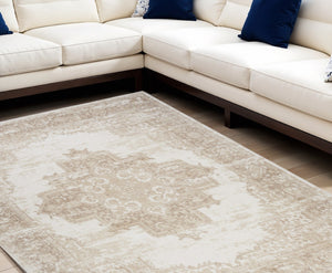 HomeRoots 8' Beige and Ivory Medallion Area Rug - Vintage-Inspired, Power-Loomed Design for Timeless Style 8' X 10' 545416