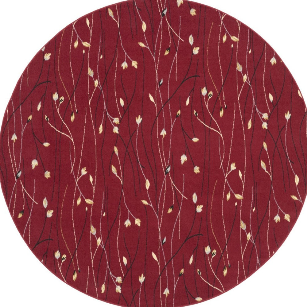HomeRoots 8' Floral Vines Round Area Rug in Red, Black, and Ivory - Elegant, Durable Design for Any Space 8' Round 545423