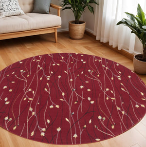 HomeRoots 8' Floral Vines Round Area Rug in Red, Black, and Ivory - Elegant, Durable Design for Any Space 8' Round 545423