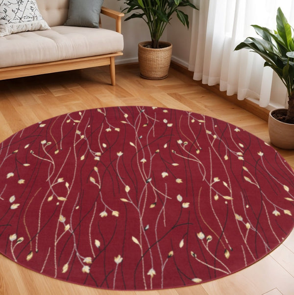 HomeRoots 8' Floral Vines Round Area Rug in Red, Black, and Ivory - Elegant, Durable Design for Any Space 8' Round 545423