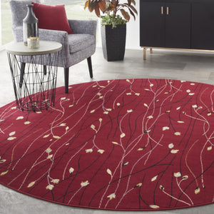 HomeRoots 8' Floral Vines Round Area Rug in Red, Black, and Ivory - Elegant, Durable Design for Any Space 8' Round 545423