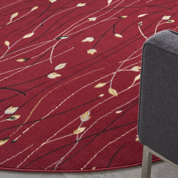 HomeRoots 8' Floral Vines Round Area Rug in Red, Black, and Ivory - Elegant, Durable Design for Any Space 8' Round 545423