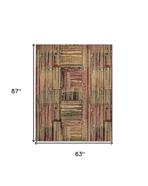 Homeroots 5' X 7' Tan Black And Red Striped Non Skid Area Rug  Polypropylene 545433