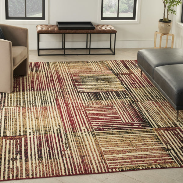 HomeRoots 8' Striped Area Rug in Tan, Black, and Red - Durable Non-Skid Design for Family Spaces and Playrooms 8' X 10' 545434