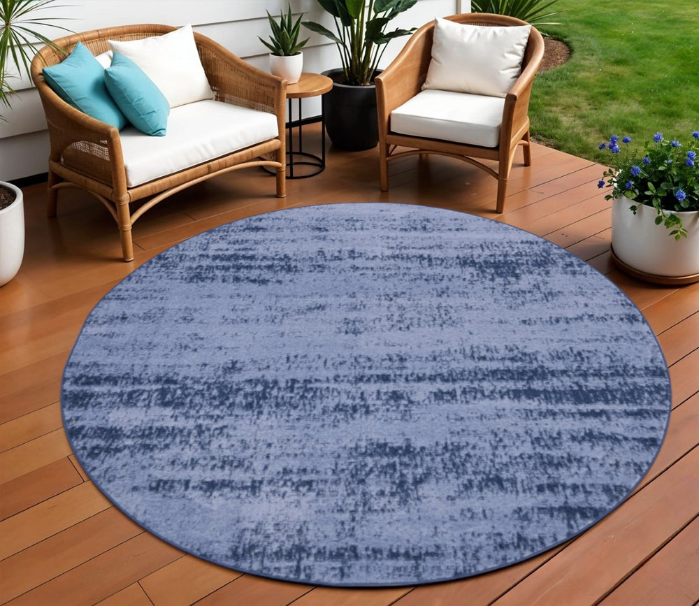 HomeRoots 8' Round Abstract Area Rug in Denim & Navy Blue - Durable, Stylish for Indoor/Outdoor Use! 545506