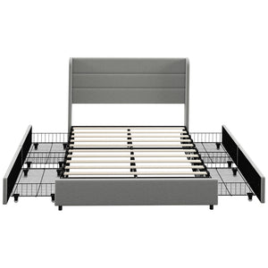 English Elm HOMCOM Full Size Bed Frame with LED RGB Headboard, Built-In Charging Station and 3-Tier Shelf Light Gray W2225P249913