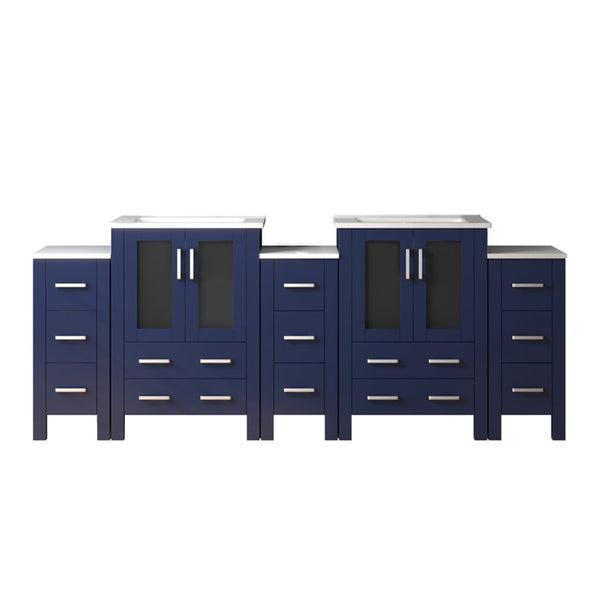 English Elm Volez 84 in Navy Blue Double Bath Vanity with White Ceramic Top, Solid Wood, Soft-Close, 13 Drawers B2731P337024