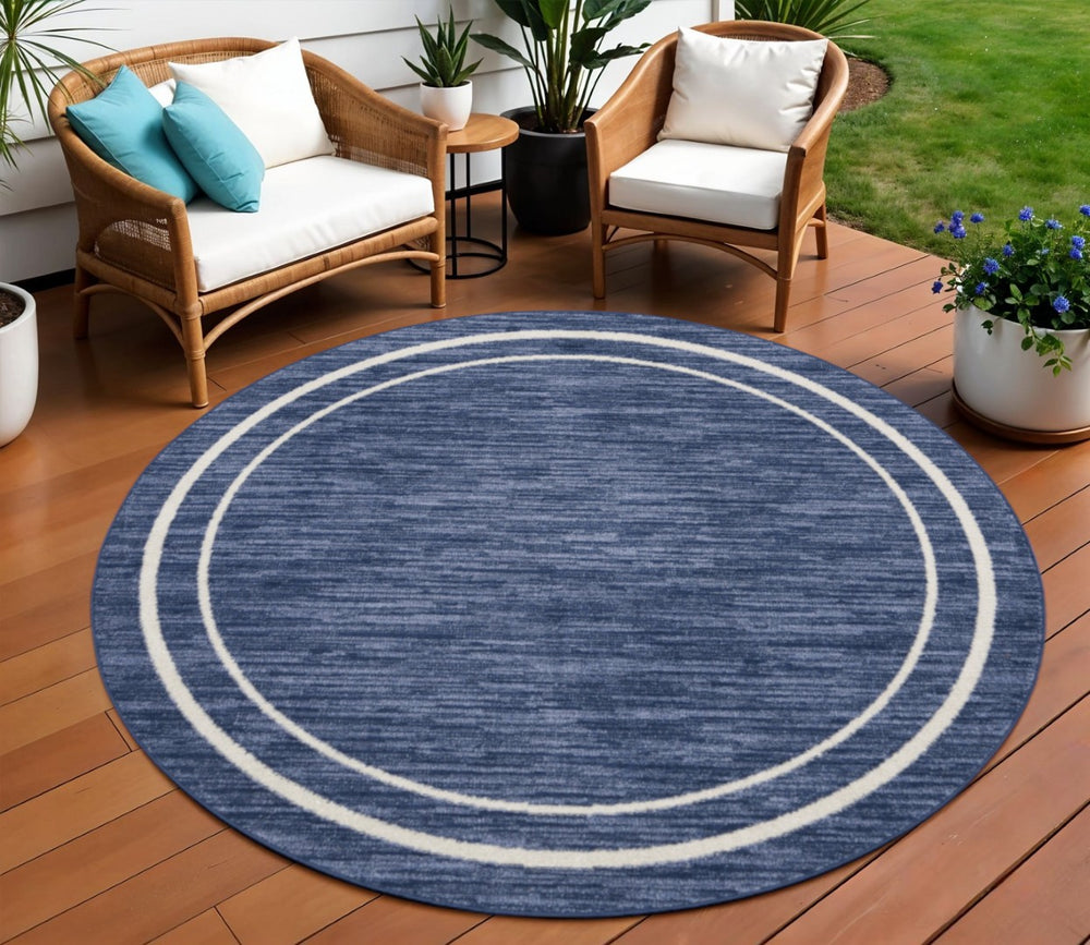 HomeRoots 8' Navy Blue and Ivory Round Area Rug - Durable Indoor/Outdoor Accent for Modern Spaces, Easy Care 545541