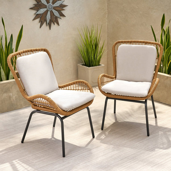 English Elm Christopher Knight Home® - Mccaskill Patio Chair Set of 2 with Water-Resistant Cushions, Durable Rattan Weave & Iron Frame Stability Light Brown 64877.00LBRN