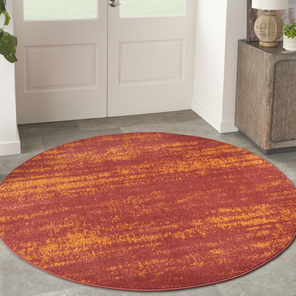 HomeRoots 8' Red and Orange Round Abstract Area Rug for Indoor/Outdoor Spaces - Durable, Stylish & Low-Maintenance 545548