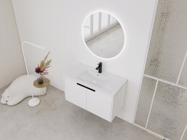 English Elm 36" Floating Bathroom Vanity with Resin Sink, Wavy Doors, Soft-Close Hinges & Durable Plywood Finish White W999P251811