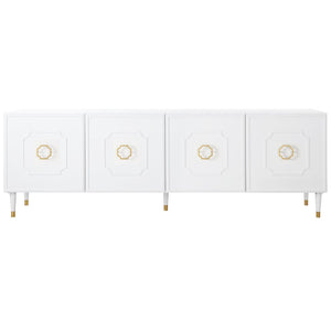 HomeRoots 96" White Sideboard - Elegant Storage Cabinet with Four Doors & Gold Hardware for Modern Spaces 545585