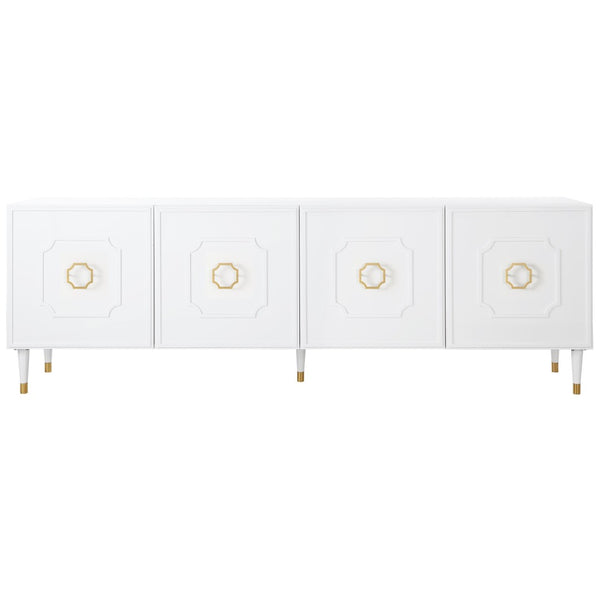 HomeRoots 96" White Sideboard - Elegant Storage Cabinet with Four Doors & Gold Hardware for Modern Spaces 545585