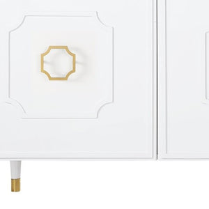 HomeRoots 96" White Sideboard - Elegant Storage Cabinet with Four Doors & Gold Hardware for Modern Spaces 545585