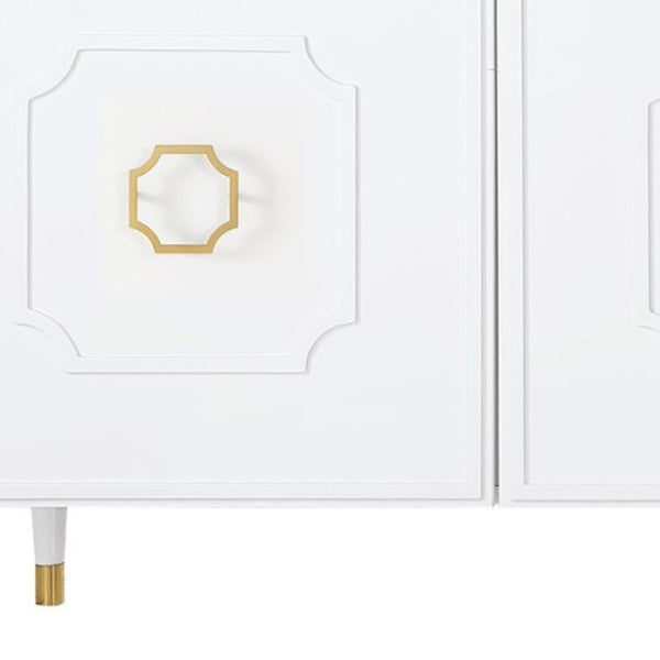 HomeRoots 96" White Sideboard - Elegant Storage Cabinet with Four Doors & Gold Hardware for Modern Spaces 545585