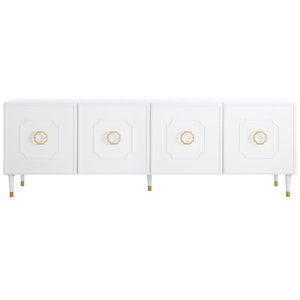 HomeRoots 96" White Sideboard - Elegant Storage Cabinet with Four Doors & Gold Hardware for Modern Spaces 545585