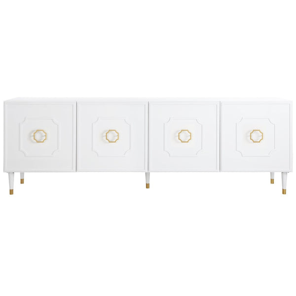 HomeRoots 96" White Sideboard - Elegant Storage Cabinet with Four Doors & Gold Hardware for Modern Spaces 545585