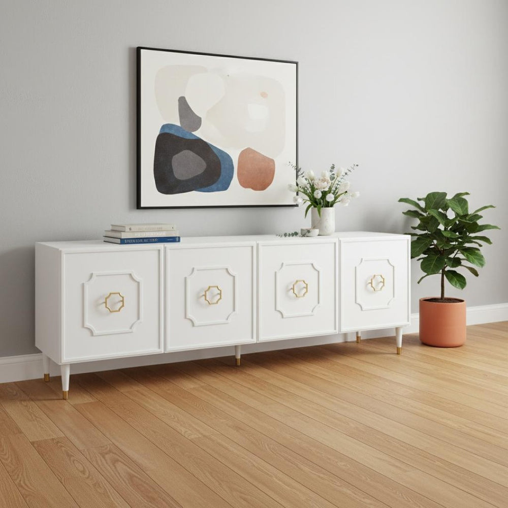 HomeRoots 96" White Sideboard - Elegant Storage Cabinet with Four Doors & Gold Hardware for Modern Spaces 545585