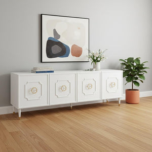 HomeRoots 96" White Sideboard - Elegant Storage Cabinet with Four Doors & Gold Hardware for Modern Spaces 545585