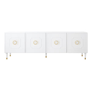 HomeRoots 96" White Sideboard - Elegant Storage Cabinet with Four Doors & Gold Hardware for Modern Spaces 545585