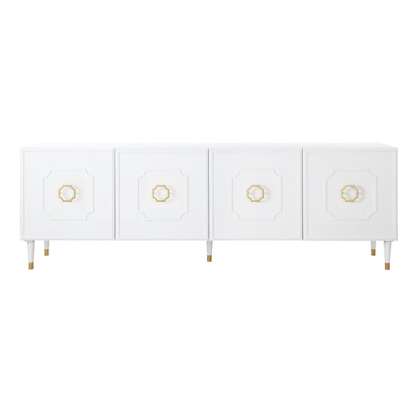 HomeRoots 96" White Sideboard - Elegant Storage Cabinet with Four Doors & Gold Hardware for Modern Spaces 545585