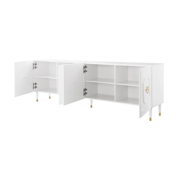 HomeRoots 96" White Sideboard - Elegant Storage Cabinet with Four Doors & Gold Hardware for Modern Spaces 545585