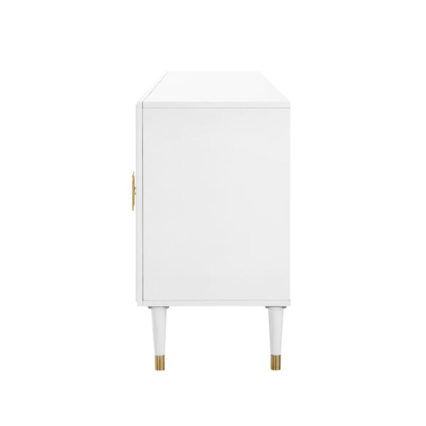 HomeRoots 96" White Sideboard - Elegant Storage Cabinet with Four Doors & Gold Hardware for Modern Spaces 545585