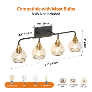 English Elm 31" Modern 4-Light Vanity Wall Sconce - Industrial Black & Gold Fixture With Clear Shades For Bright Spaces W2312P374981