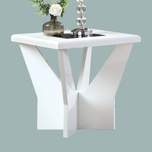 English Elm White glossy end table with geometric base and black tempered glass insert for modern statement decor White 27 L x 34 W x 6 H B2741P360140