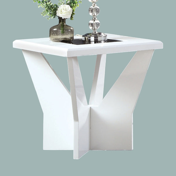 English Elm White glossy end table with geometric base and black tempered glass insert for modern statement decor White 27 L x 34 W x 6 H B2741P360140