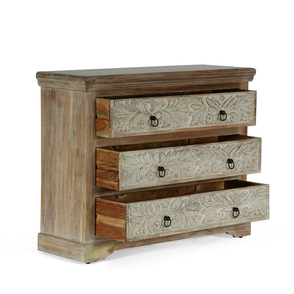 English Elm Christopher Knight Home® - Acacia Handcrafted 3-Drawer Dresser 40" Wide Whitewash & Natural Boho Accent Cabinet with Rings 71756.00