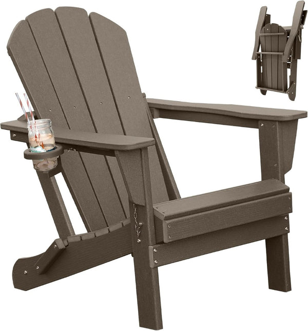 English Elm Adirondack Hdpe Folding Chair Set Outdoor Patio Fire Pit Seating with Cup Holder Brown W1859P453286