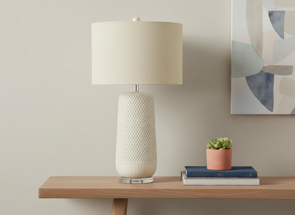 HomeRoots 31" Cream Ceramic Geometric Table Lamp with Beige Shade – Modern Style for Any Room, Easy Use! 545794