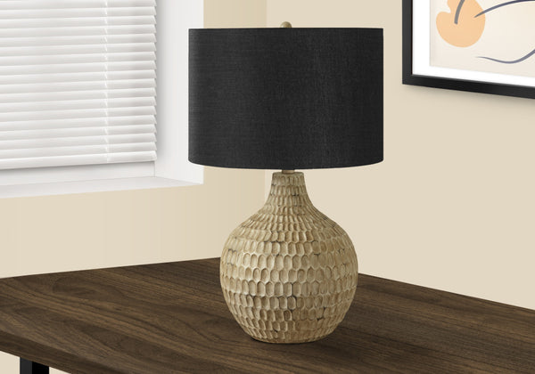 Homeroots 25" Brown Geometric Table Lamp With Black Drum Shade   545795