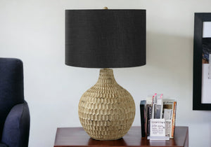 Homeroots 25" Brown Geometric Table Lamp With Black Drum Shade   545795