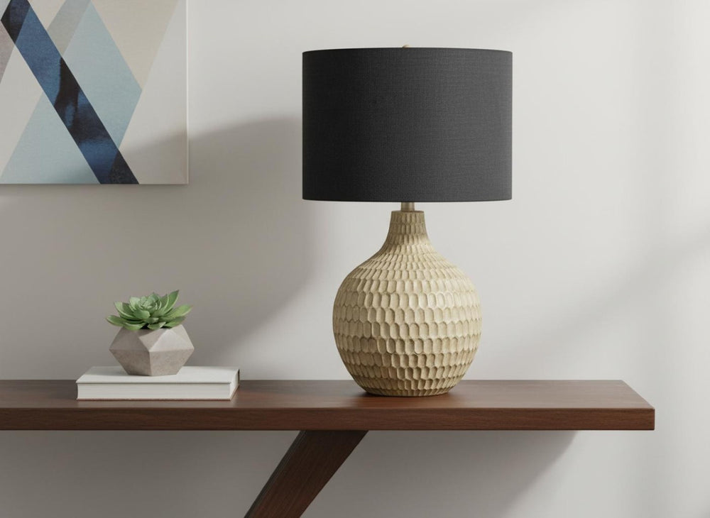 HomeRoots 25" Stylish Brown Geometric Table Lamp with Black Shade - Smart-Enabled Design for Modern Decor 545795