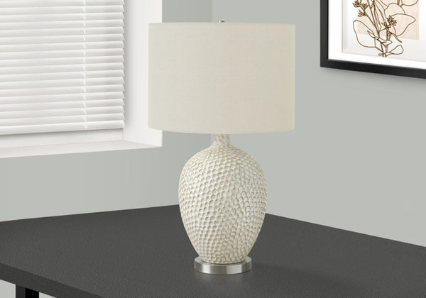 HomeRoots 28" Elegant White & Silver Ceramic Table Lamp with Cream Shade - Smart Control & Modern Design 545796