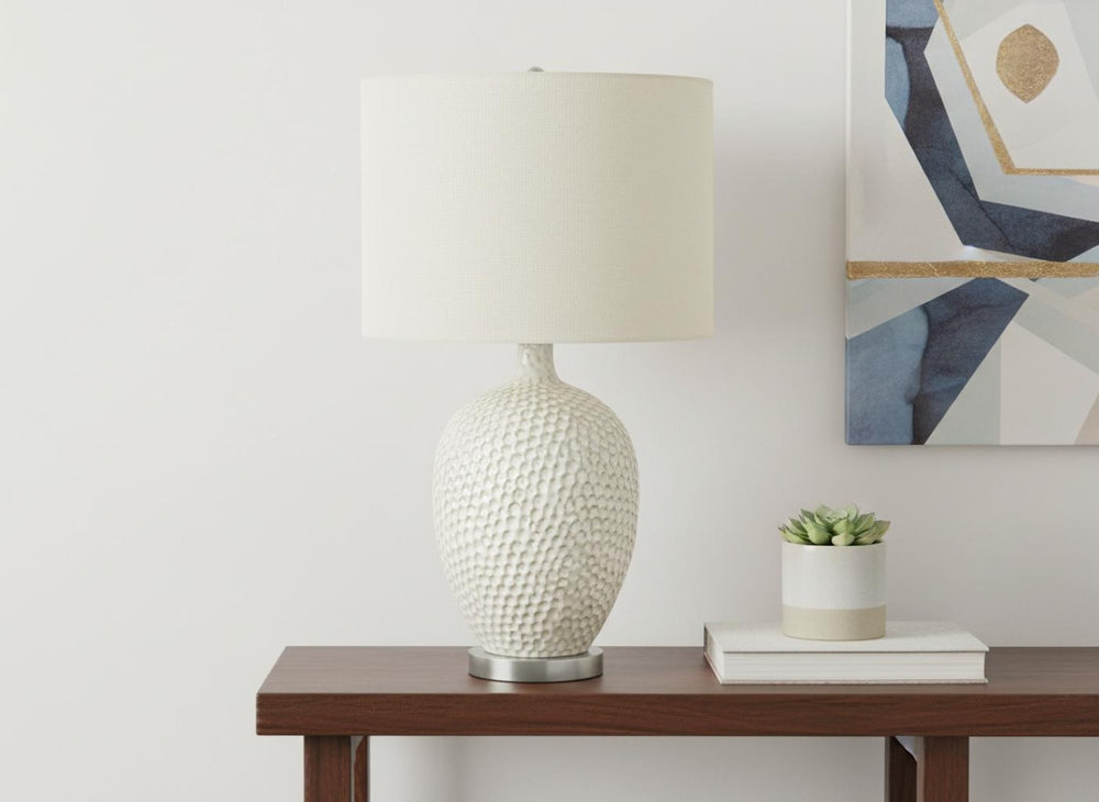 HomeRoots 28" Elegant White & Silver Ceramic Table Lamp with Cream Shade - Smart Control & Modern Design 545796