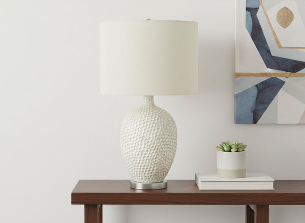HomeRoots 28" Elegant White & Silver Ceramic Table Lamp with Cream Shade - Smart Control & Modern Design 545796