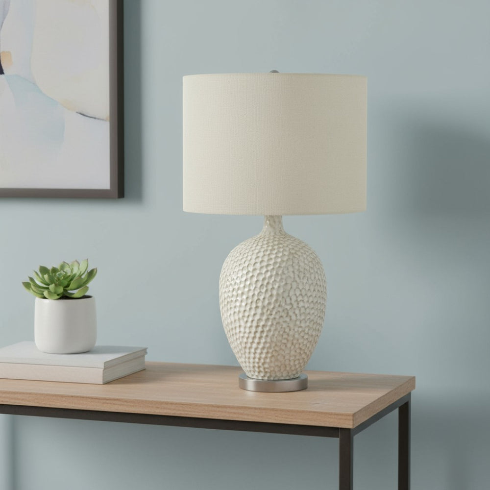 HomeRoots 28" Elegant White & Silver Ceramic Table Lamp with Cream Shade - Smart Control & Modern Design 545796