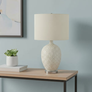 HomeRoots 28" Elegant White & Silver Ceramic Table Lamp with Cream Shade - Smart Control & Modern Design 545796