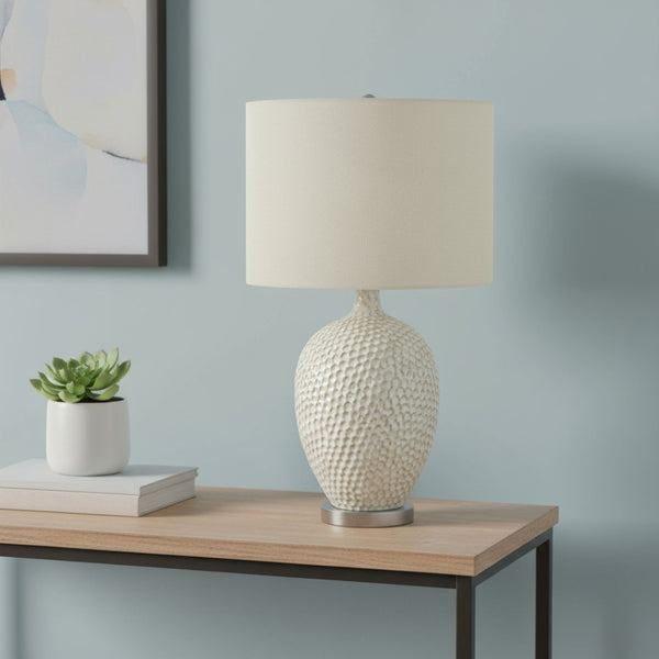 HomeRoots 28" Elegant White & Silver Ceramic Table Lamp with Cream Shade - Smart Control & Modern Design 545796