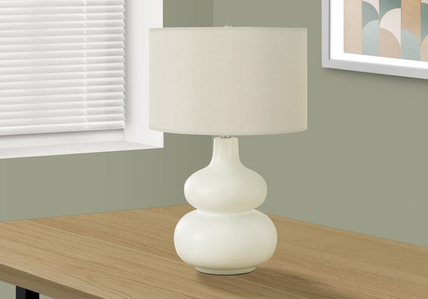 Homeroots 25" Cream Ceramic Gourd Table Lamp With Cream Drum Shade   545797