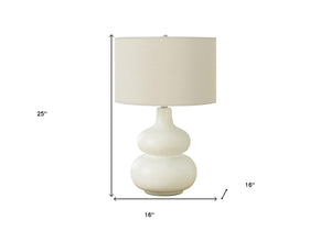HomeRoots 25" Cream Ceramic Gourd Table Lamp – Elegant Drum Shade for Cozy Lighting in Any Room Décor 545797