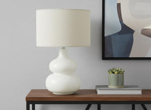 HomeRoots 25" Cream Ceramic Gourd Table Lamp – Elegant Drum Shade for Cozy Lighting in Any Room Décor 545797