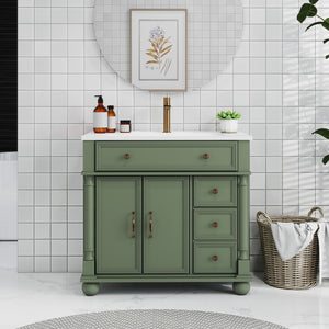 English Elm 35.6" Freestanding Bathroom Vanity with Roman Column Base and Ceramic Integrated Sink W1801S00008
