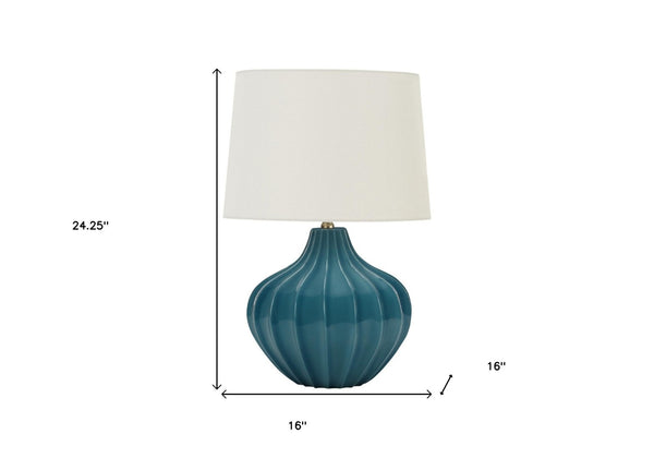 HomeRoots 24" Elegant Teal Blue Ceramic Gourd Table Lamp with Cream Shade - Perfect for Any Room Decor! 545800