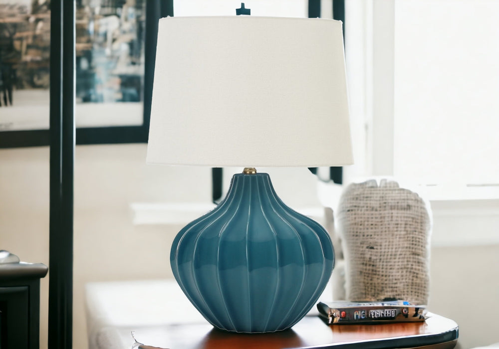 Homeroots 24" Blue Ceramic Gourd Table Lamp With Cream Empire Shade   545800
