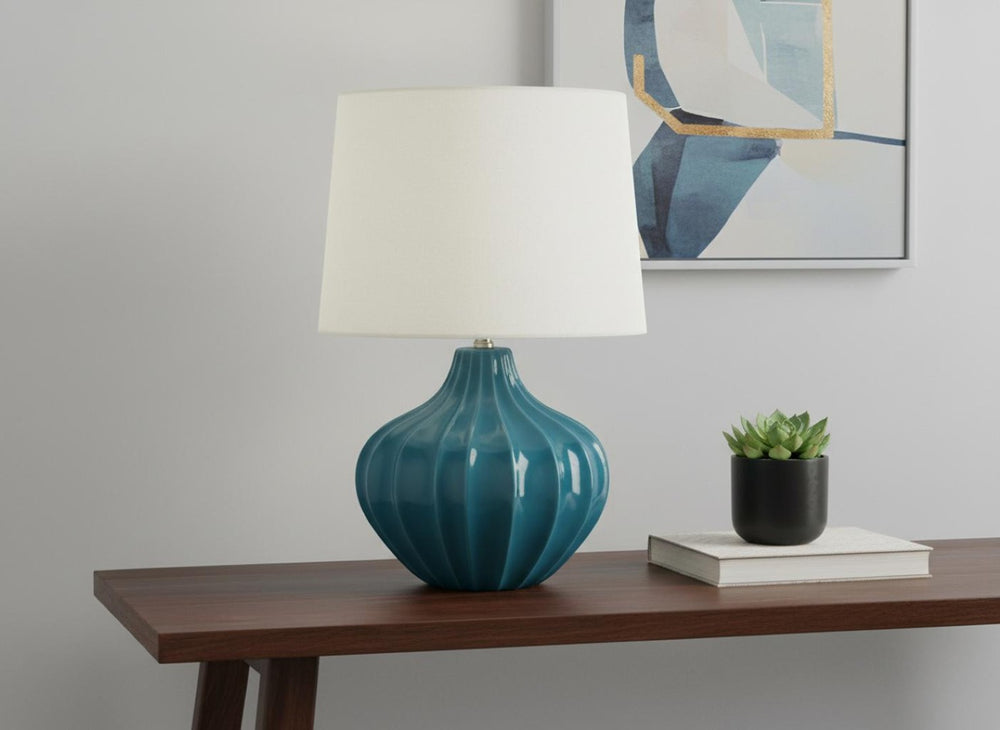 HomeRoots 24" Elegant Teal Blue Ceramic Gourd Table Lamp with Cream Shade - Perfect for Any Room Decor! 545800