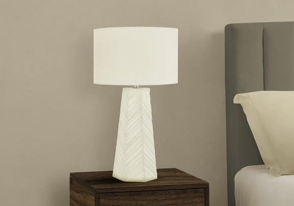 HomeRoots 29" Modern White Ceramic Geometric Table Lamp with Ivory Shade – Elegant Lighting for Any Room 545802